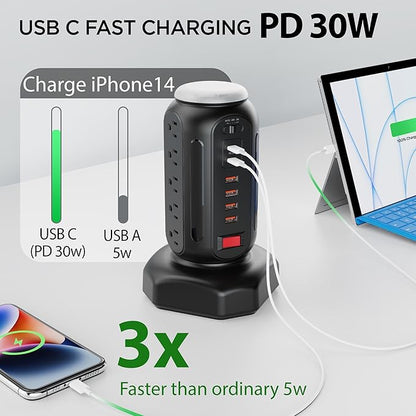 PD 30W Fast Charging Power Strip, with Surge Protector, RGB Night Light, 15 Outlets Power Tower, 2 Type C and 4 USB Ports, Space Saving, Retractable Extension Cord 6.5ft for Home (Black)