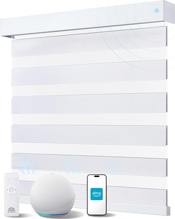 Smart Zebra Blinds for Windows, Alexa Motorized Blinds with Remote Control, Automatic Electric Power Zebra Shades for Indoor Windows (26" W x 72" H, White)