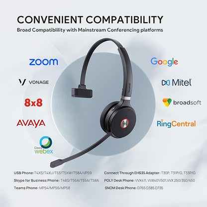 Yealink WH62 Mono UC DECT Wireless Headset 525 ft Range for Zoom Skype Certified Work Headset with 2X Noise Canceling Mic for IP Phone and Computer, Office Single On Ear Headphone,13 Talk Time