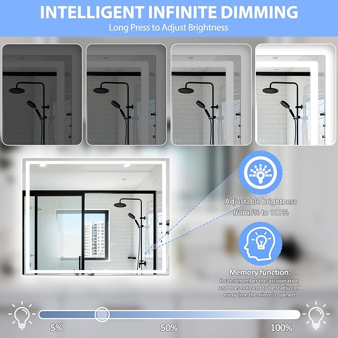 24" Round LED Bathroom Mirror with Anti-Fog & Touch Switch - 60x60cm Wall-Mounted Makeup Vanity Mirror, No Drilling Required, Smart Display (Square)