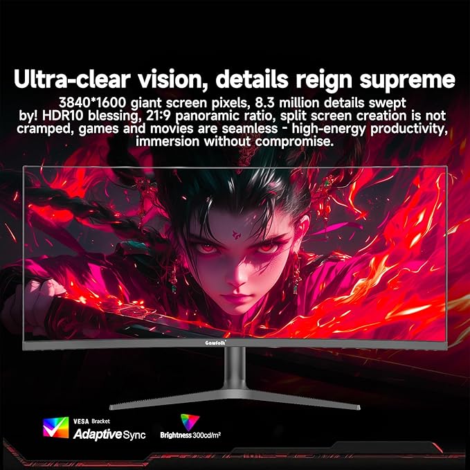 Gawfolk 37.5 Inch Gaming Monitor 3840 * 1600p 144Hz PC Monitor with AMD FreeSync, Flicker-Free, 2X HDMI 2.0, DP 1.4, Ultra-Thin Frameless Screen