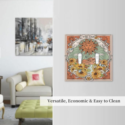 Boho Retro Sun Sunflower Vintage Flower Butterfly Decorative Switch Plates 2 Gang Double Toggle Outlet Light Switch Cover Wall Plate Electrical Faceplate for Farmhouse Home Decor