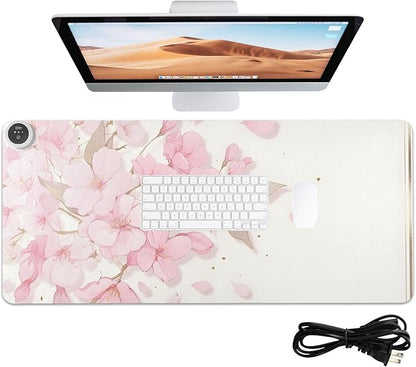 Large Heated Mouse Pad,Leather Desk Mat,31.5"x13",Hand Warmer Pads for Desk,Sakura（Pink White）