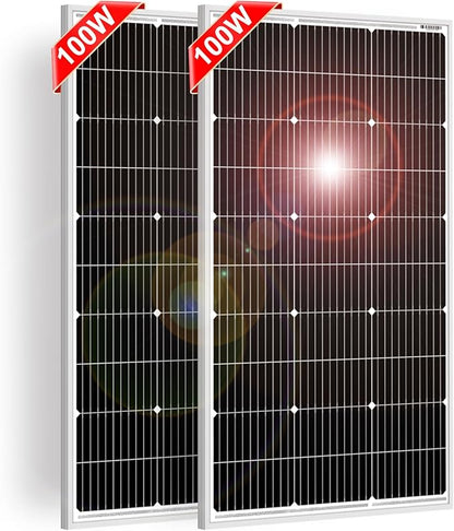 DOKIO 100W 18V Solar Panel 2-Pack for 12V Battery Charging, Monocrystalline Glass Modules with Aluminum Frame, MC4, Pre-Drilled Holes, Series/Parallel for RV, Boat, Roof, Off-Grid Systems