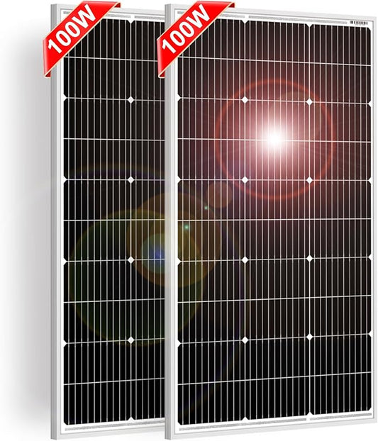 DOKIO 100W 18V Solar Panel 2-Pack for 12V Battery Charging, Monocrystalline Glass Modules with Aluminum Frame, MC4, Pre-Drilled Holes, Series/Parallel for RV, Boat, Roof, Off-Grid Systems
