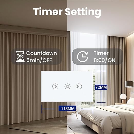 Smart Curtain Switch 118X72X34MM Neutral Wire Required, 2.4GHz WiFi,Tempered Glass Panel, Multi-Control Way Work with Alexa and Smart Life, White WiFi Curtain