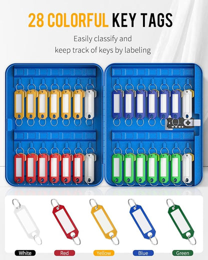 Uniclife 28 Keys Steel Key Cabinet with Resettable Code Blue Wall Mounted Key Organizer with Combination Lock Digital Security Box with Hooks and Large Key Tag Labels Identifiers in 5 Assorted Colors