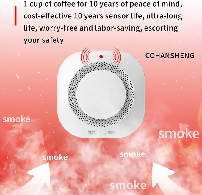 COHANSHANsmoke Detector,Smoke Alarm,fire Alarms Smoke detectors,(Sensor Life of 10 Years) complies with UL Certification,fire Alarm,Smoke detectors,360°Intelligent Detection,Wireless Installation6