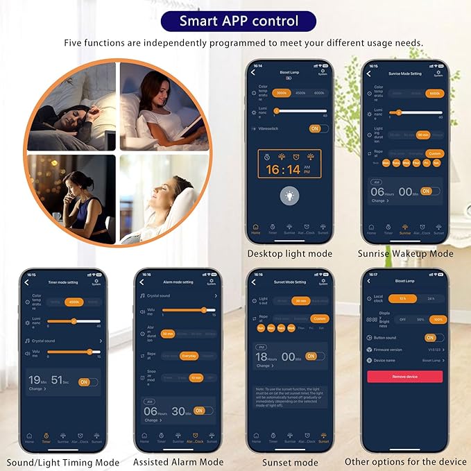 Light Therapy Alarm Clock Wake up Light 10000 lux Sunrise lamp Bright Light Alarm Clock APP Control Built in Lithium Battery Portable for Travel
