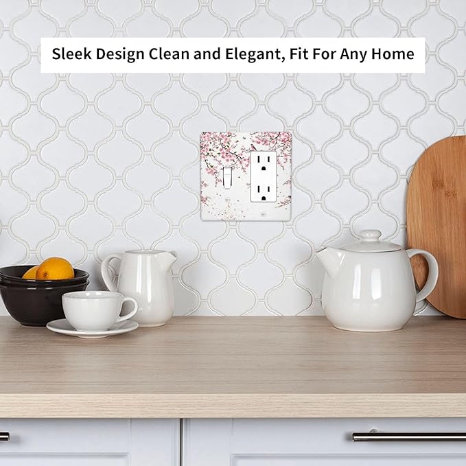 Decorative Outlet Covers Rustic Plum Blossom Pink Flowers 2 Gang Wall Plate Single Toggle 1 Rocker Light Switch Cover Switch Plate Covers Faceplate for Home Bedroom Decor
