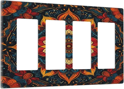 Boho Colorful Mandala 4 Gang Wall Plates Outlet Covers Quad Rocker Light Switch Cover Plate Decorative Switch Plates GFCI Electrical Faceplate for Bathroom Bedroom Decor 4.5 X 8 IN
