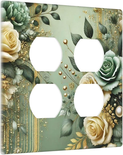 Decorative Outlet Covers Rustic Green Floral Leaves Teal Flowers Gold Stripe 2 Gang Wall Plate Cover Double Duplex Receptacle Two Switch Light Switch Cover Plate Faceplate