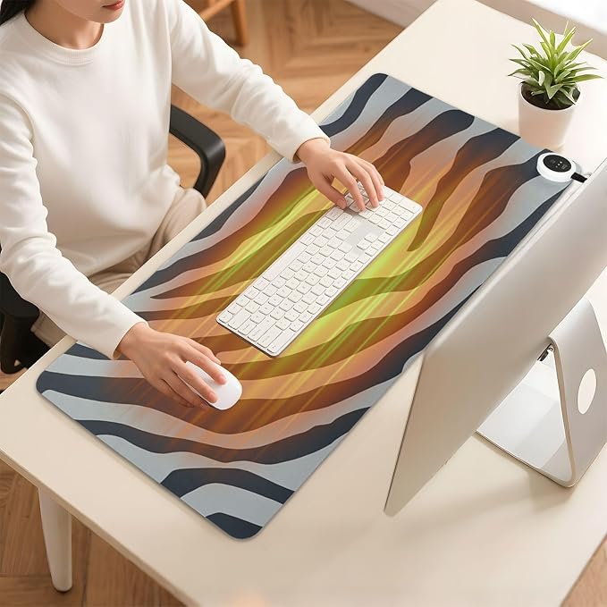 Heated Desk Pad Mouse Pad 31.5x13 Inch PU Leather Desk Mat with 3 Heat Levels Large Mouse Gaming Computer Laptop Mat Grey Zebra Print