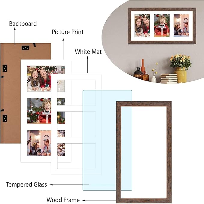 Golden State Art, Set of 10, 9x18 Distressed Brown Wood Frame - White Mat for Three 5x7 Pictures - Sawtooth Hangers- Swivel Tabs - Wall Mounting - Landscape/Portrait - Real Glass - Collage Frame