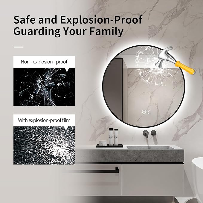 Round LED Bathroom Mirror with Gold Frame, 24V Backlight, 3 Color Temperatures, Dimmable, Memory Function, Defogging (Black Border, 36" L x 36" W)