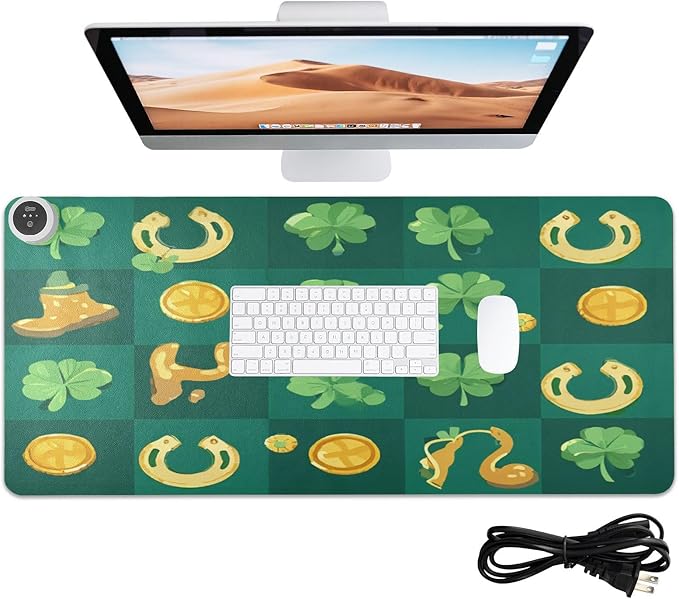 Heated Desk Pad Mouse Pad 31.5x13 Inch PU Leather Desk Mat with 3 Heat Levels Large Mouse Gaming Computer Laptop Mat Clover Dwarf St Patrick's Day