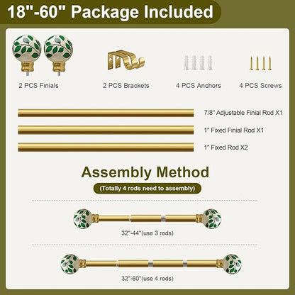 Ceramic Gold Curtain Rods for Windows 28 to 48 Inches Adjustable Length Heavy Duty 1" Diameter Window Curtain Rod with Modern Green Leaf Pattern Decorative Finials for Bedroom Living Room Kitchen