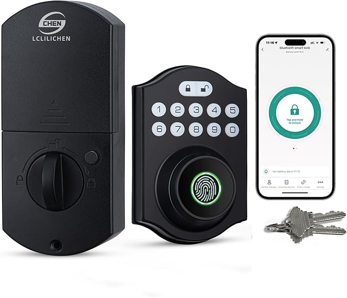 Smart Fingerprint Door Lock, Keyless Entry Deadbolt with Electronic Keypad, Bluetooth App Control, One Time Code, IP65 Weatherproof, for Front Door/Home/Office (Matte Black)