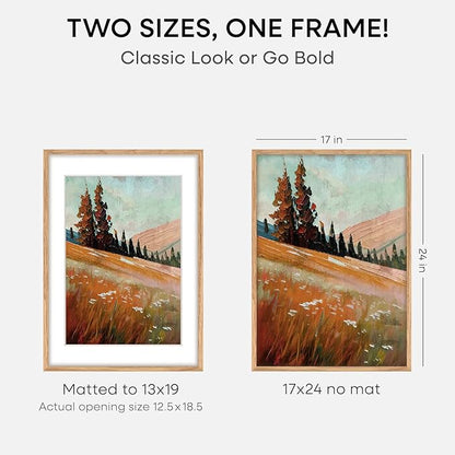Homeforia 17x24 Picture Frame Natural Wood, High End Oak 17x24 Light Wooden Poster Frame with Mat 13x19, 17 x 24 Frames Matted to 13 x 19 Photo, 24x17 Hanging Frame, Tempered Glass, Wall Kit, Set of 1