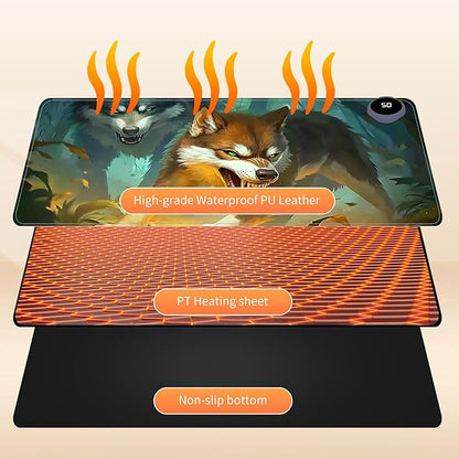 Small Heated Desk Pad 23.6" x 14.2" – Compact Electric Mouse Pad with 3 Heating Levels, Auto Shut-Off, Waterproof PU Surface, Plug-in Warmer for Office or Home Use, Forest Wolves
