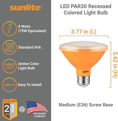 Sunlite 40241 LED PAR30 Short Neck Colored Recessed Light Bulb, 8 Watt (75W Equivalent), Medium (E26) Base, Floodlight, ETL Listed, Amber, 3 Count