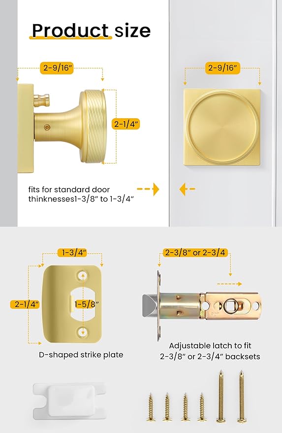 goldenwarm Gold Door Knobs Interior, Brushed Gold Door Knobs Square Privacy Door Knob for Bedroom Bathroom, Modern Heavy Duty Interior Doorknobs - 3 Pack Zinc-Alloy