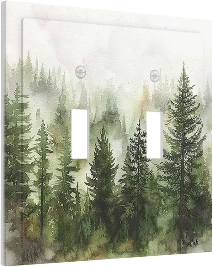 Decorative Switch Plates Green Forest Watercolor Painting Foggy Pine 2 Gang Double Toggle Outlet Light Switch Cover Wall Plate Electrical Faceplate for Bedroom living Room Decor