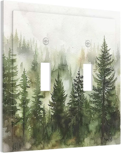 Decorative Switch Plates Green Forest Watercolor Painting Foggy Pine 2 Gang Double Toggle Outlet Light Switch Cover Wall Plate Electrical Faceplate for Bedroom living Room Decor