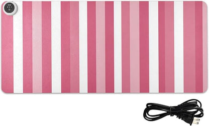 Heated Desk Pad Mouse Pad 31.5x13 Inch PU Leather Desk Mat with 3 Heat Levels Large Mouse Gaming Computer Laptop Mat Pink and White Stripes