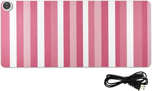 Heated Desk Pad Mouse Pad 31.5x13 Inch PU Leather Desk Mat with 3 Heat Levels Large Mouse Gaming Computer Laptop Mat Pink and White Stripes