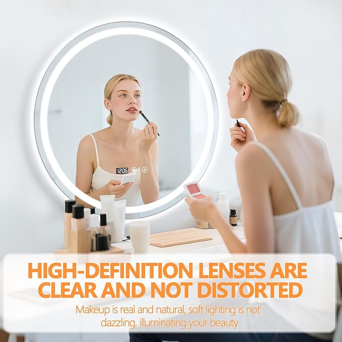 24" Round LED Bathroom Mirror with Anti-Fog & Touch Switch - 60x60cm Wall-Mounted Makeup Vanity Mirror, No Drilling Required, Smart Display Bathroom Mirror