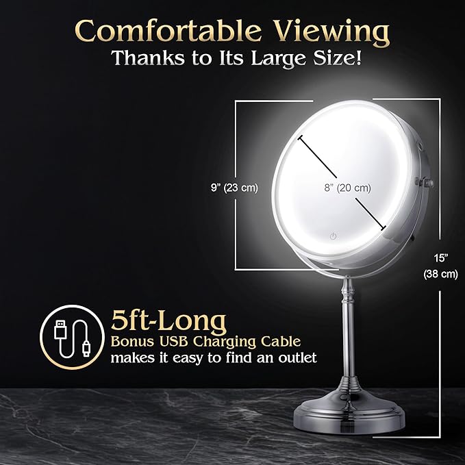 Super Zoom 15X Magnifying Makeup Mirror with Lights - 15X & 1X Make Up Vanity Mirror with 3 Lighting Modes, Rechargeable Battery with USB Cable - 8" Wide & 15" Tall (Chrome)