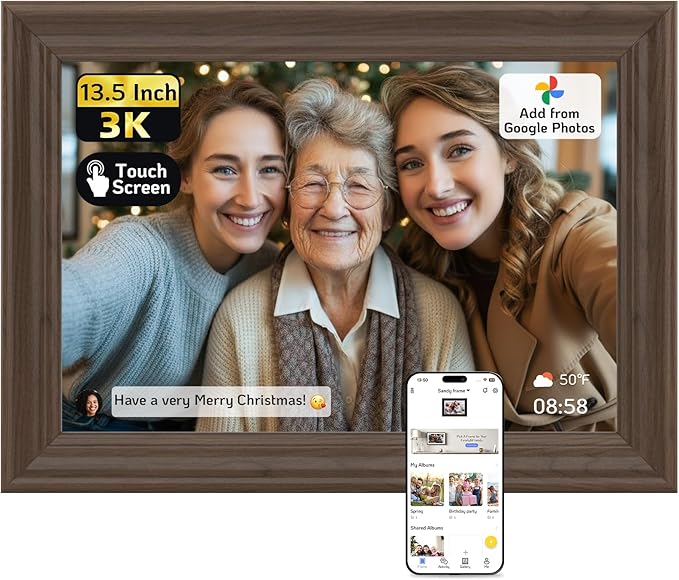 NexFoto 13.5" Touchscreen Digital Picture Frame 3K Resolution, WiFi Electronic Photo Frame 64GB, Add Pics from Google Photos, Share Photos/Videos via App/USB, Gifts for Mom Christmas, Walnut