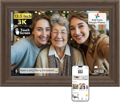 NexFoto 13.5" Touchscreen Digital Picture Frame 3K Resolution, WiFi Electronic Photo Frame 64GB, Add Pics from Google Photos, Share Photos/Videos via App/USB, Gifts for Mom Christmas, Walnut