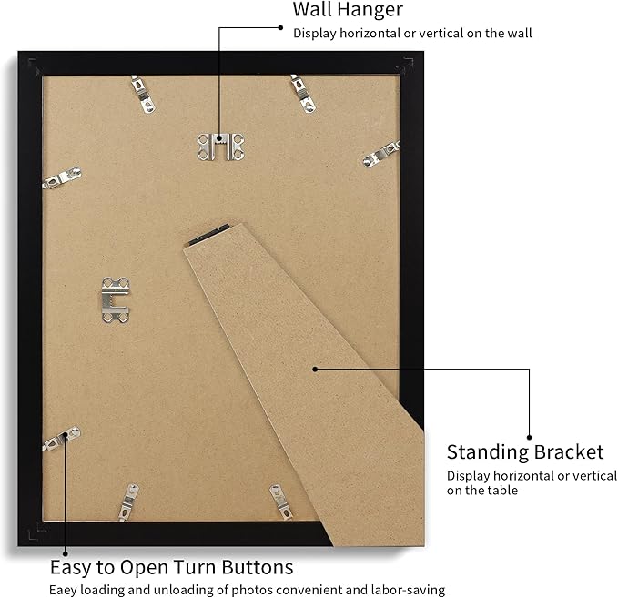 iRahmen 11x14 Picture Frame with HD Tempered Glass, Display Pictures 8x10 with Mat or 11 x 14 Without Mat, Wood Photo Frames for Tabletop and Wall Mount (Black, 1 Pack)