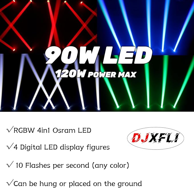 90W LED Moving Head DJ Lights Mini Beam Stage Lights Super Bright Spot RGBW 4IN1 DMX 512 13CH Sound-Activated for Wedding DJ Party Stage Lighting (90W, 2)