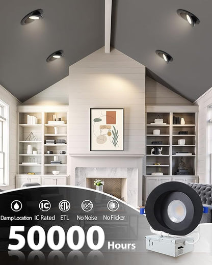 Adetu Recessed Lighting 6 inch, 360°+90° Adjustable Directional 6 inch 5CCT Gimbal Black Led Recessed Lighting, 2700K-5000K Dimmable Retrofit Eyeball Can Recessed Lights with Jbox, ET（Black-12 Pack）