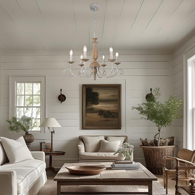 French Country Chandelier,6-Light Farmhouse Vintage Antique Brown Metal Chandelier Pendant Light Fixtures for Kitchen Island Dining Room Living Room Foyer Entryway Office