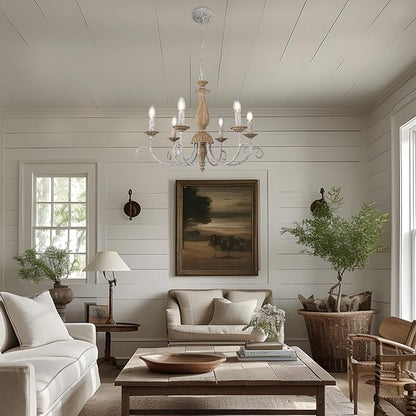 French Country Chandelier,6-Light Farmhouse Vintage Antique Brown Metal Chandelier Pendant Light Fixtures for Kitchen Island Dining Room Living Room Foyer Entryway Office