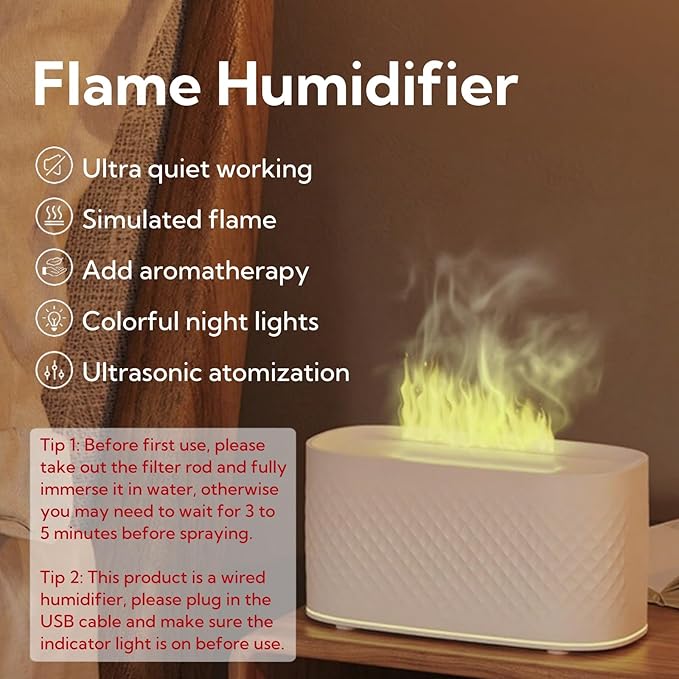 Portable Small Humidifier Dual Nozzle - Large Cool Mist Humidifiers Double Spray Ports, Water Shortage Protection, Ultra-Quiet, Mini Humidifier for Bedroom Plants Office Car Travel (Flame Wood)