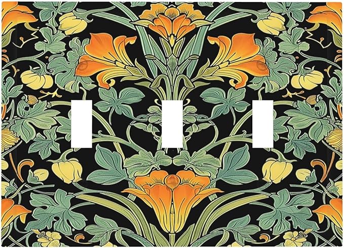 Decorative Switch Plates William Morris Vintage Floral Green Yellow 3 Gang Wall Plate Triple Toggle Light Switch Cover Faceplate Electrical Wall Panels for Bedroom Home Decor
