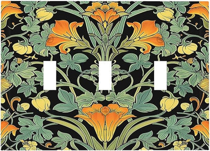 Decorative Switch Plates William Morris Vintage Floral Green Yellow 3 Gang Wall Plate Triple Toggle Light Switch Cover Faceplate Electrical Wall Panels for Bedroom Home Decor