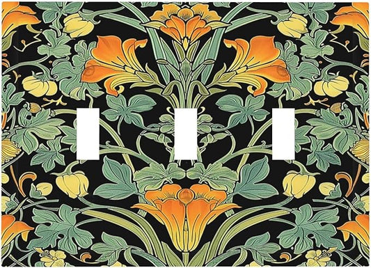 Decorative Switch Plates William Morris Vintage Floral Green Yellow 3 Gang Wall Plate Triple Toggle Light Switch Cover Faceplate Electrical Wall Panels for Bedroom Home Decor