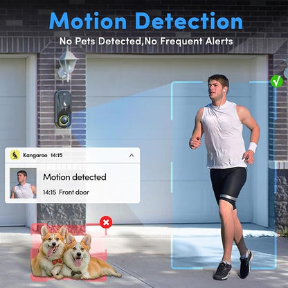Kangaroo Wireless Doorbell+Chime,HD Camera,Easy Setup,Battery Power,Motion Detection,2.4G WiFi,Real-time Alerts to Phone,Door Bell for Home,Apartment and Office (1 Doorbell+1 Chime)