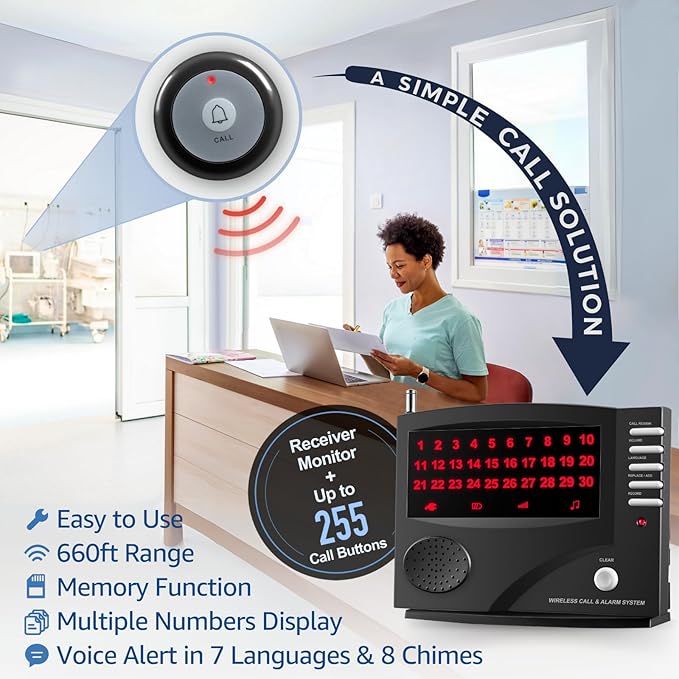 Wireless Calling System Nurse Call System Caregiver Pager for Restaurant Clinic Nursing Home 7 Languages 8 Alert Tones, 10 Call Buttons and 1 Monitoring Unit for Patients Seniors Customer