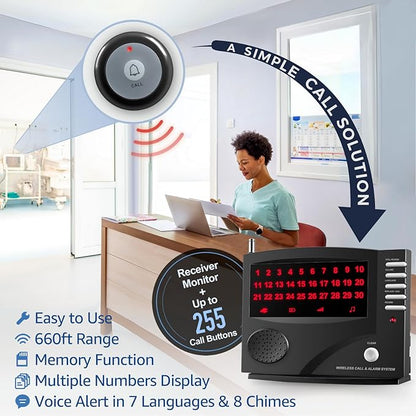 Wireless Calling System Nurse Call System Caregiver Pager for Restaurant Clinic Nursing Home 7 Languages 8 Alert Tones, 10 Call Buttons and 1 Monitoring Unit for Patients Seniors Customer
