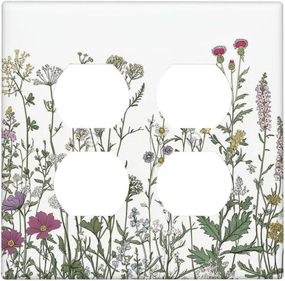 Vintage Herbs Wildflowers Plant Floral Outlet Covers 2 Gang Double Duplex Decorative Light Switch Covers Electrical Wallplates Socket Faceplate For Bed Room Home Decor