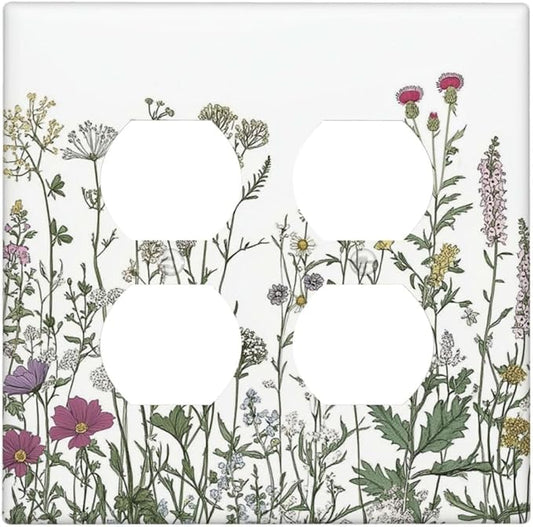 Vintage Herbs Wildflowers Plant Floral Outlet Covers 2 Gang Double Duplex Decorative Light Switch Covers Electrical Wallplates Socket Faceplate For Bed Room Home Decor