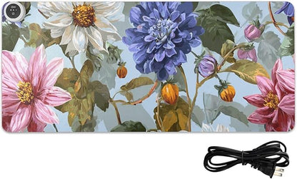 Heated Desk Pad Mouse Pad 31.5x13 Inch PU Leather Desk Mat with 3 Heat Levels Large Mouse Gaming Computer Laptop Mat Blue Daisies Dahlias Bluebells