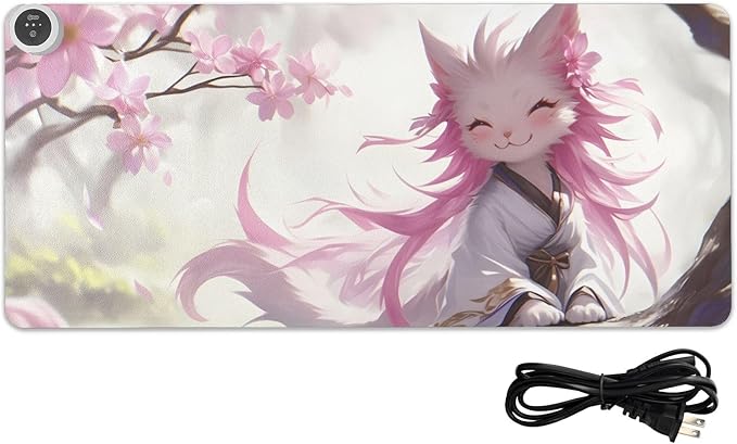 Large Heated Mouse Pad,Leather Desk Mat,31.5"x13",Hand Warmer Pads for Desk,Kitty(White Pink)